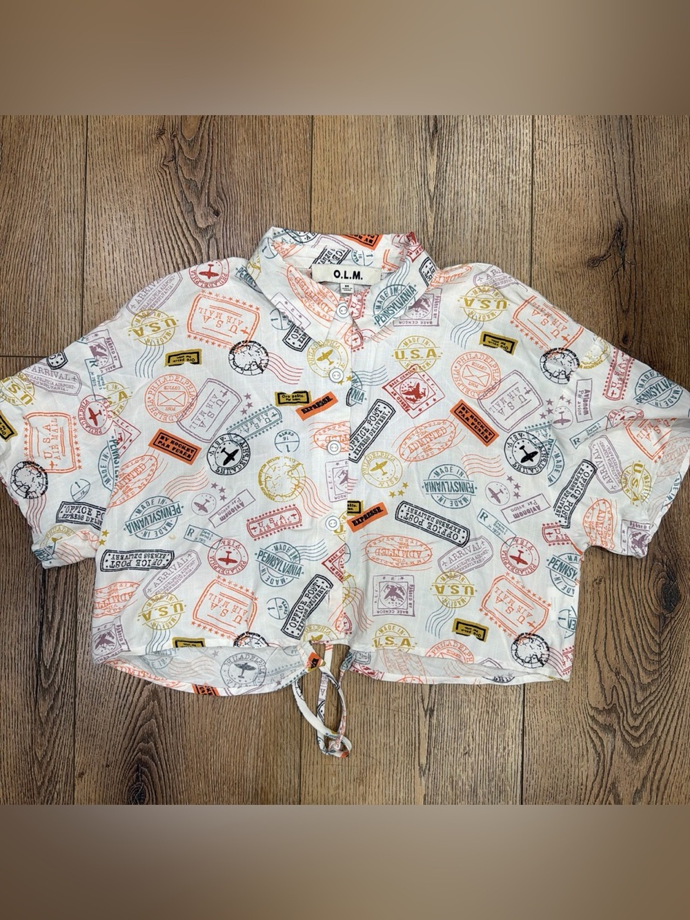 White Multi-Stamp Print Crop Button-Up Top